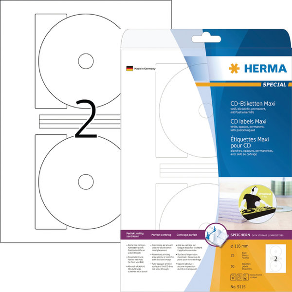 Etiket HERMA 5115 CD 116mm wit 50stuks